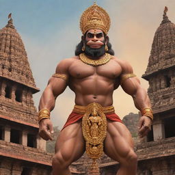 An artistic representation of Hanuman Ji, the Hindu god known for his strength and devotion, posed heroically against a backdrop of an ancient Indian temple.