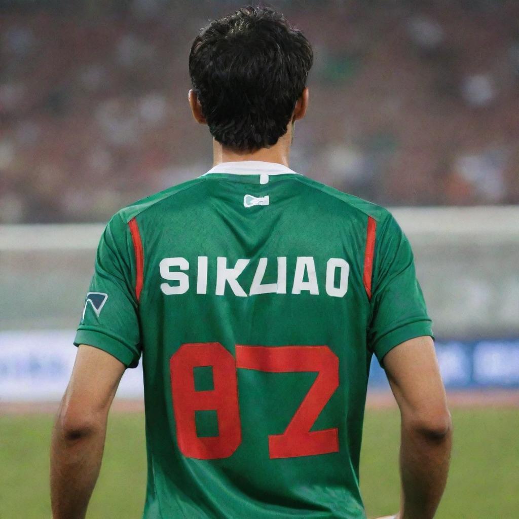 The back of an Algerian soccer kit named SHAKIBO with the number 7 on it. The wearer has medium-length hair, normal skin tone, and a medium build.