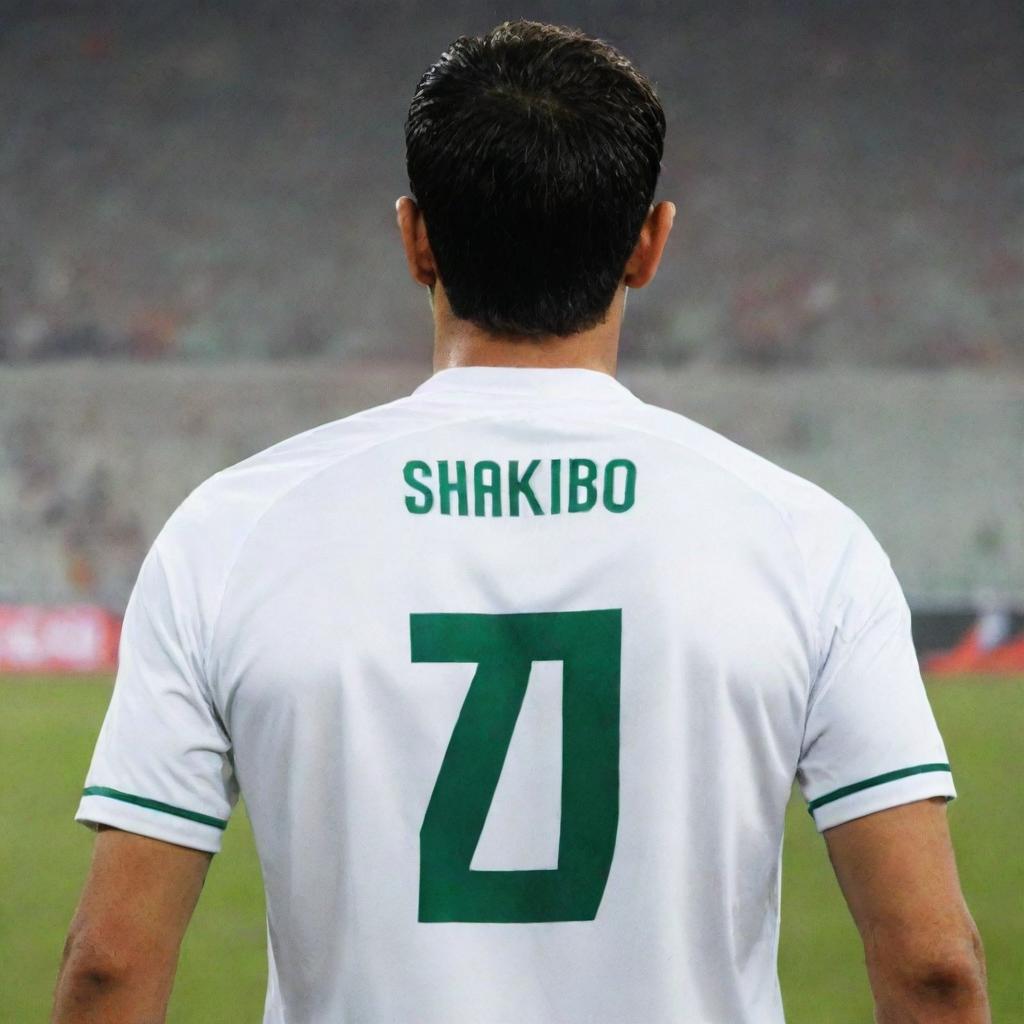 The back of an Algerian soccer kit named SHAKIBO with the number 7 on it. The wearer has medium-length hair, normal skin tone, and a medium build.