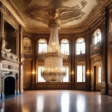 The luxurious chandelier in the grand hall of the mansion had intricate carvings and exquisite auric accents.