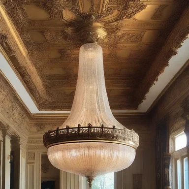 The luxurious chandelier in the grand hall of the mansion had intricate carvings and exquisite auric accents.