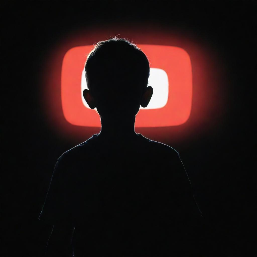 A silhouette of a boy in front of a YouTube logo with a black background, his figure outlined by radiant lighting, creating an aura reminiscent of divine energy.