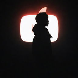 A silhouette of a boy in front of a YouTube logo with a black background, his figure outlined by radiant lighting, creating an aura reminiscent of divine energy.