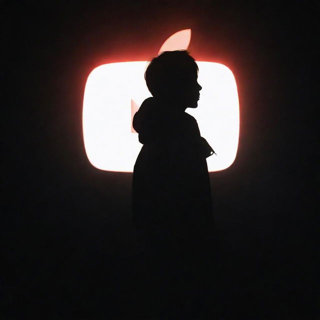 A silhouette of a boy in front of a YouTube logo with a black background, his figure outlined by radiant lighting, creating an aura reminiscent of divine energy.