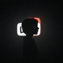 A silhouette of a boy in front of a YouTube logo with a black background, his figure outlined by radiant lighting, creating an aura reminiscent of divine energy.