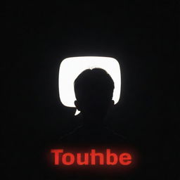 A silhouette of a boy in front of a YouTube logo with a black background, his figure outlined by radiant lighting, creating an aura reminiscent of divine energy.