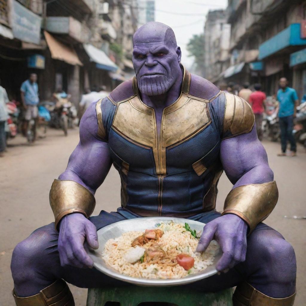 Thanos, the Marvel character, sitting and eating rice in the bustling city of Dhaka, filled with vibrant colors and bustling city life.