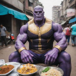 Thanos, the Marvel character, sitting and eating rice in the bustling city of Dhaka, filled with vibrant colors and bustling city life.