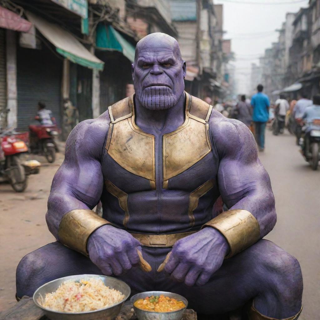 Thanos, the Marvel character, sitting and eating rice in the bustling city of Dhaka, filled with vibrant colors and bustling city life.