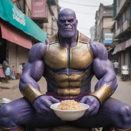 Thanos, the Marvel character, sitting and eating rice in the bustling city of Dhaka, filled with vibrant colors and bustling city life.