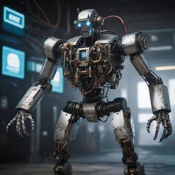 Craft an image showcasing the most advanced technology in a robotpunk world. A hyper-intelligent android possessing intricate mechanical details, glowing circuits, flexible limbs, and digital eyes showcasing a state of future robotics.