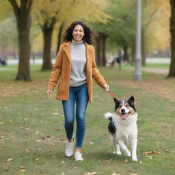 A happy individual walking in a park with a lively and playful dog.