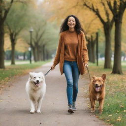 A happy individual walking in a park with a lively and playful dog.