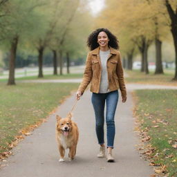 A happy individual walking in a park with a lively and playful dog.