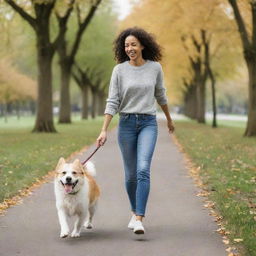 A happy individual walking in a park with a lively and playful dog.