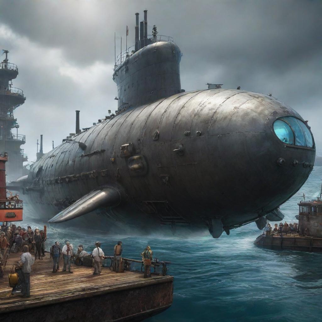 Create an image depicting the most advanced technology in a harborpunk world. Display a massive sea-creature-shaped submarine powered by steam technology, outfitted with apparatus for deep-sea exploration and surface trade, all combined in an eclectic harborpunk setting.