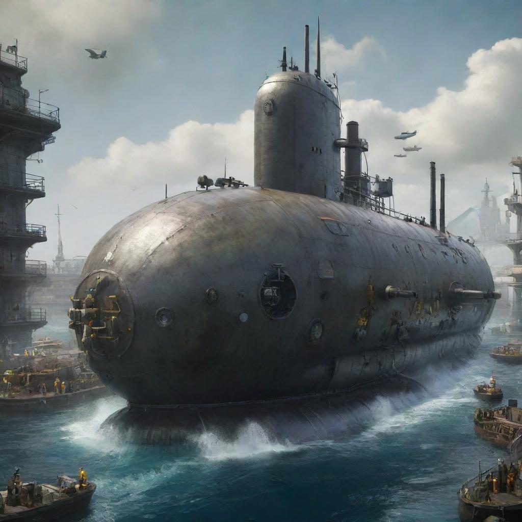 Create an image depicting the most advanced technology in a harborpunk world. Display a massive sea-creature-shaped submarine powered by steam technology, outfitted with apparatus for deep-sea exploration and surface trade, all combined in an eclectic harborpunk setting.