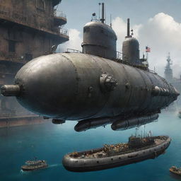 Create an image depicting the most advanced technology in a harborpunk world. Display a massive sea-creature-shaped submarine powered by steam technology, outfitted with apparatus for deep-sea exploration and surface trade, all combined in an eclectic harborpunk setting.