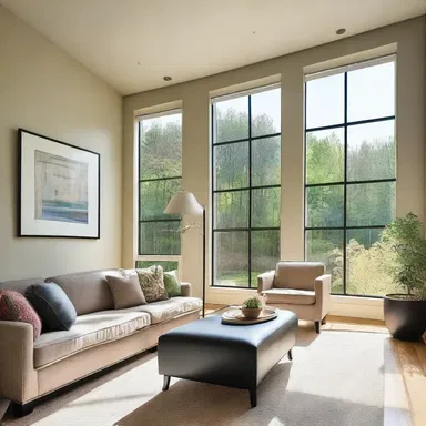 The large windows in the living room provide ample natural lighting during every hour of the day.