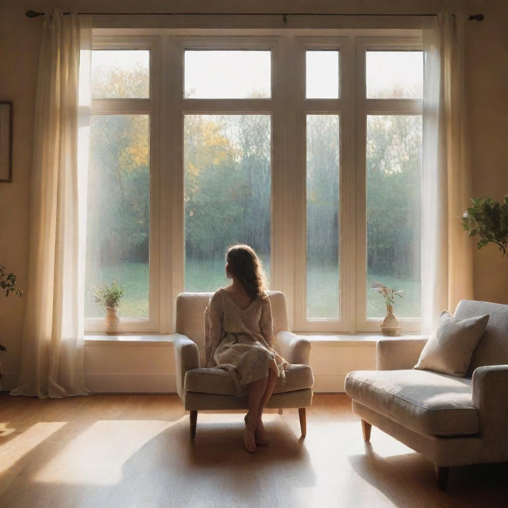 A cozy living room bathed in evening light, spilling in through a large triptych window. Behind a elongated armchair, a girl sits, her face poised in perfect neutrality.