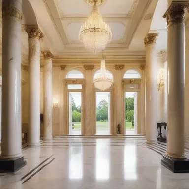 The grand entrance hall with its marble columns and majestic chandelier creates an hour of opulence.
