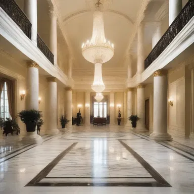 The grand entrance hall with its marble columns and majestic chandelier creates an hour of opulence.