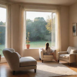 A cozy living room bathed in evening light, spilling in through a large triptych window. Behind a elongated armchair, a girl sits, her face poised in perfect neutrality.