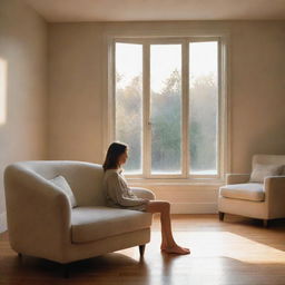 A cozy living room bathed in evening light, spilling in through a large triptych window. Behind a elongated armchair, a girl sits, her face poised in perfect neutrality.