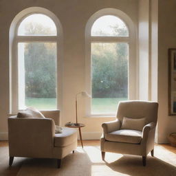 A cozy living room bathed in evening light, spilling in through a large triptych window. Behind a elongated armchair, a girl sits, her face poised in perfect neutrality.