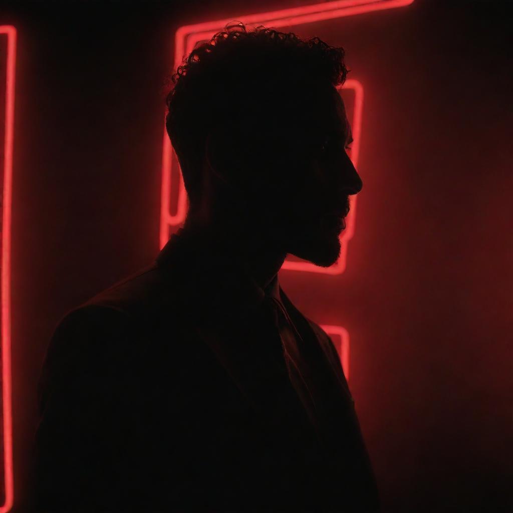 An image of a stylish man, depicted as a full black silhouette, accentuated by red neon lighting, against a stark black background.