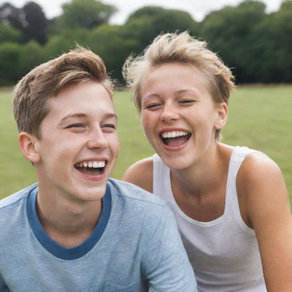 A young boy enjoying a day out with his girlfriend, both laughing and having a good time.