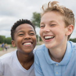 A young boy enjoying a day out with his girlfriend, both laughing and having a good time.