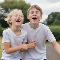 A young boy enjoying a day out with his girlfriend, both laughing and having a good time.