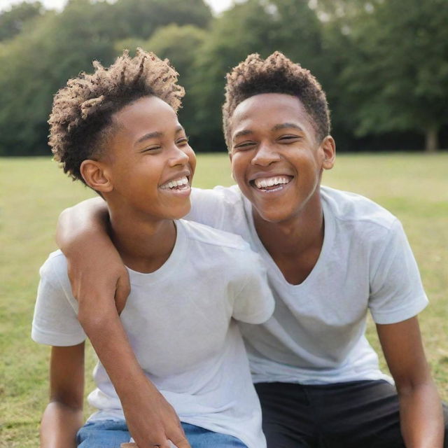 A young boy enjoying a day out with his girlfriend, both laughing and having a good time.