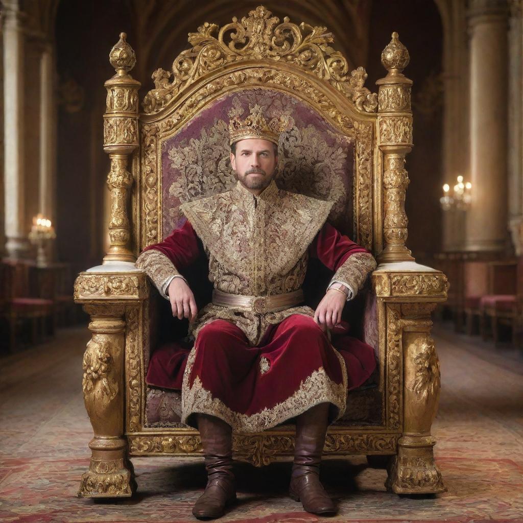 A majestic king in regal attire, seated on a luxurious throne in an ornate castle hall.