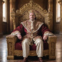 A majestic king in regal attire, seated on a luxurious throne in an ornate castle hall.