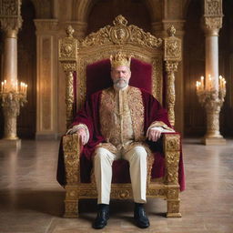 A majestic king in regal attire, seated on a luxurious throne in an ornate castle hall.