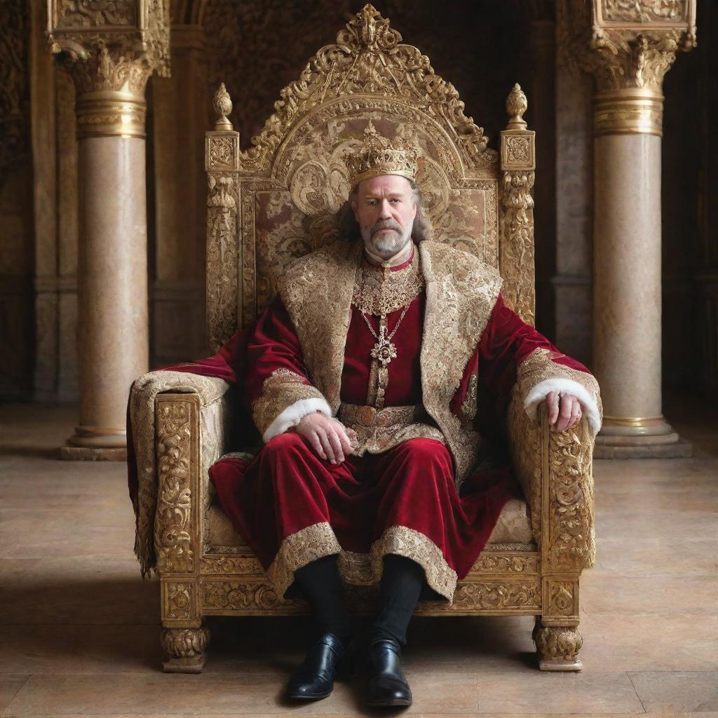 A majestic king in regal attire, seated on a luxurious throne in an ornate castle hall.