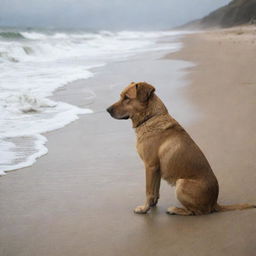 A single, melancholic dog sitting alone on a peaceful, sandy beach with waves gently crashing nearby.