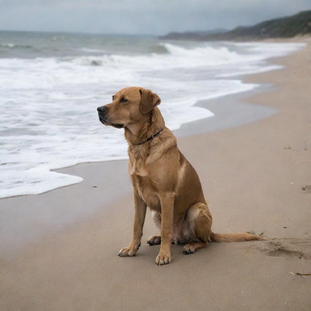 A single, melancholic dog sitting alone on a peaceful, sandy beach with waves gently crashing nearby.