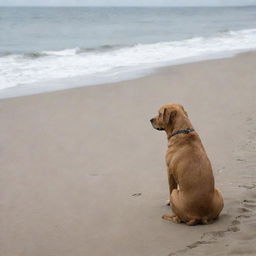 A single, melancholic dog sitting alone on a peaceful, sandy beach with waves gently crashing nearby.