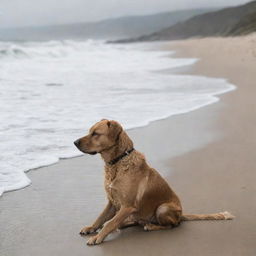 A single, melancholic dog sitting alone on a peaceful, sandy beach with waves gently crashing nearby.