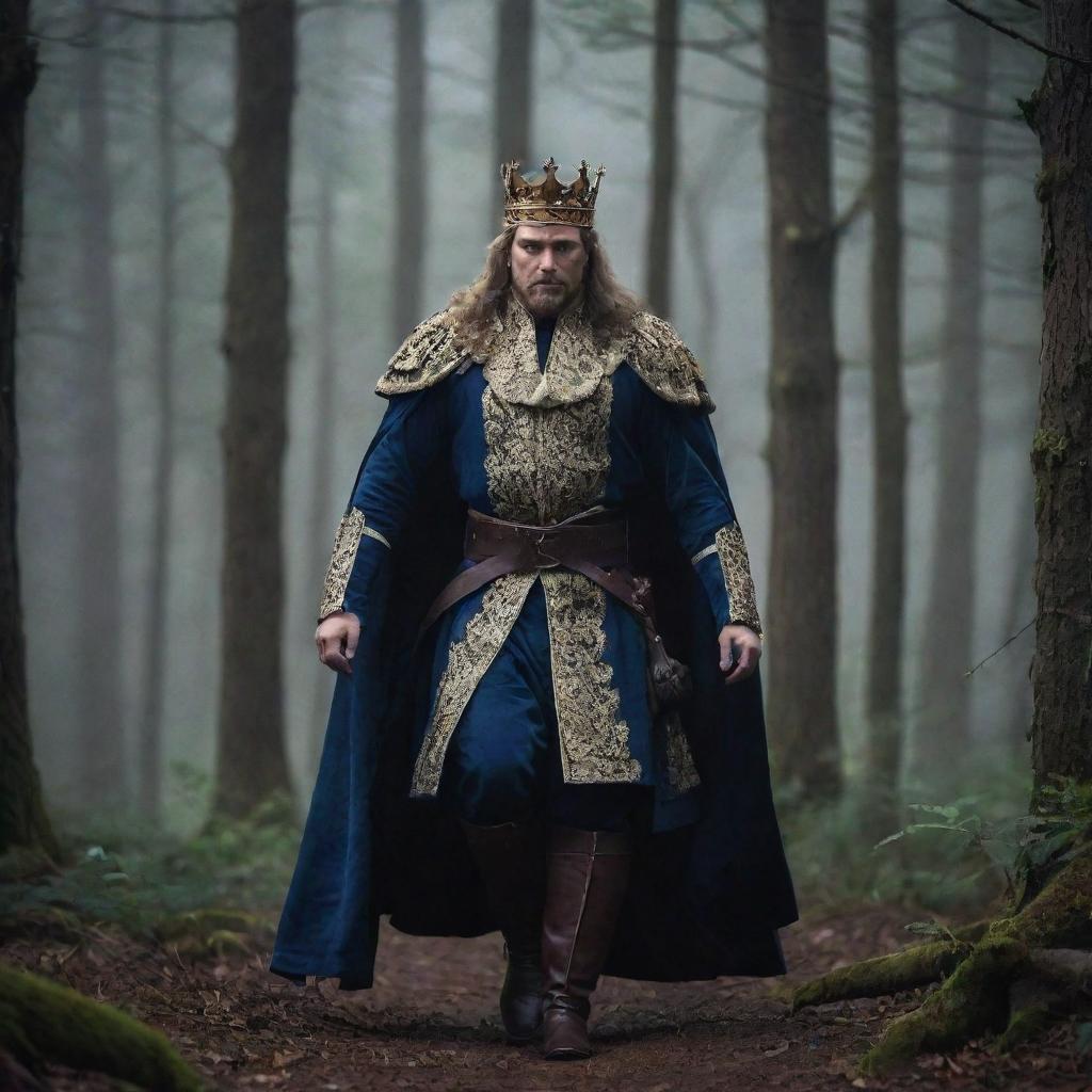 A regal king in royal attire on a daring escape, rushing through a dark, foreboding forest, with his menacing brothers pursuing him to take over his throne.