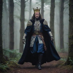 A regal king in royal attire on a daring escape, rushing through a dark, foreboding forest, with his menacing brothers pursuing him to take over his throne.