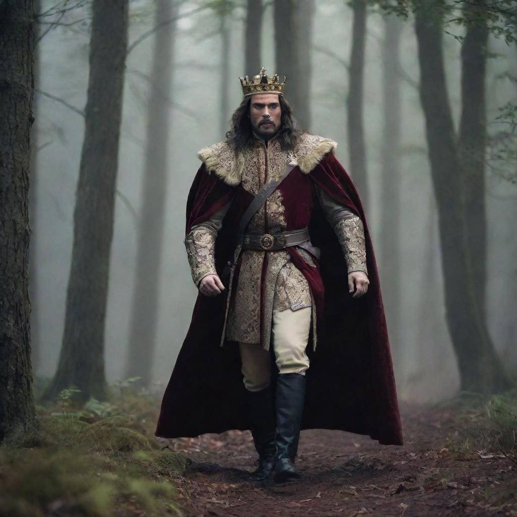 A regal king in royal attire on a daring escape, rushing through a dark, foreboding forest, with his menacing brothers pursuing him to take over his throne.