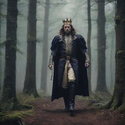 A regal king in royal attire on a daring escape, rushing through a dark, foreboding forest, with his menacing brothers pursuing him to take over his throne.