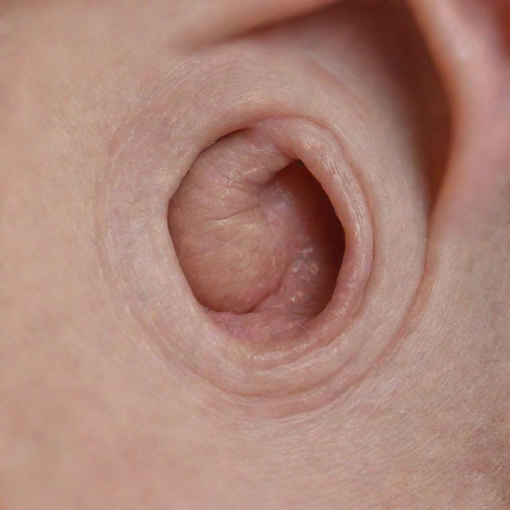 A detailed close-up view of a healthy human pinna - the visible part of the ear. This natural structure is filled with complex curves and crevices