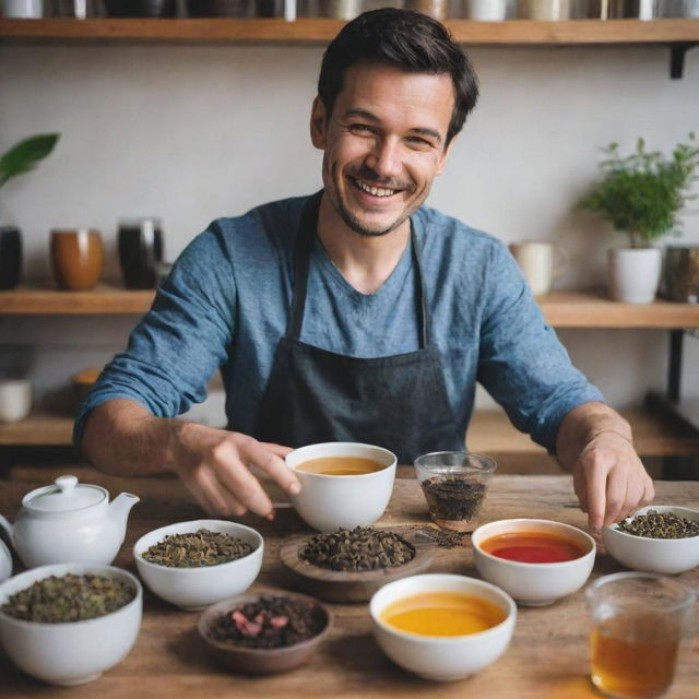 An individual surrounded by various types of teas, brewing a fresh pot with a look of pure delight on their face.