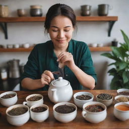 An individual surrounded by various types of teas, brewing a fresh pot with a look of pure delight on their face.