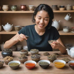 An individual surrounded by various types of teas, brewing a fresh pot with a look of pure delight on their face.